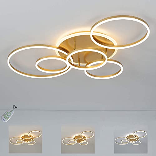 LED Deckenleuchte Gold 6 Ring Design Metall, 6-Flammig Kreative Wohnzimmer-Lampe Decorative, Moderne Dimmbare Deckenlampe Runde mit Fernbedienung, 108 Watt, 3300 Lumen, Innen Deckenbeleuchtung