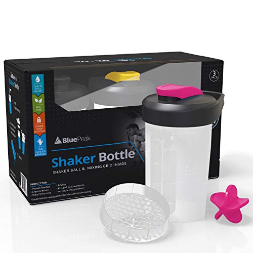 Bluepeak Protein Shaker Bottle 20 Oz With Dual Mixing Technology, Strong Loop Top, Bpa Free, Shaker Balls & Mixing Grids Included - On-The-Go Small Protein Shakers (3 Pack - Black, Yellow, Pink) #TOP5