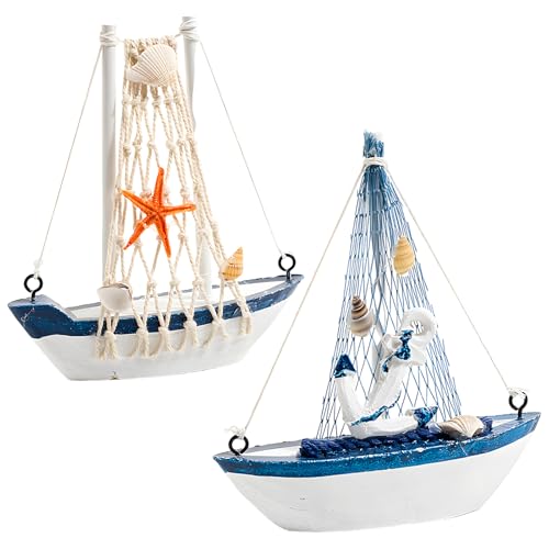 KFSCIP Nautical Bathroom Accessories, 2 Wooden Sailboat Models for Bathroom Decor, Seaside Themed Ornaments for Home and Party Decorations, 12.5 X 11 X 3 Cm