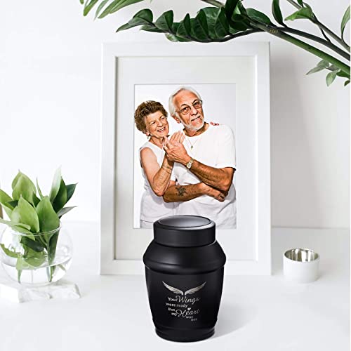 LINES ARTE 5.7 Inches Medium Size Urns for Human Ashes Adult Male,Black Angel Wings Cremation Decorative Urns for Adult Ashes