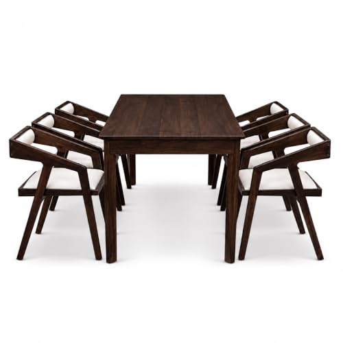 Image of Solid Sheesham Wood 6 Seater Dining Table with Cushioned Chairs with 2 Drawer Storage, Furniture for Dinner Rooms Walnut Finish (6 Seater)