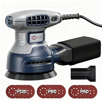 5-Inch Random Orbital Sander, 3Amp Electric Corded Palm Sander with 6 Speeds (6000-13000 OPM), Dustless Dust Bag & Vacuum Adapter, 15 Sandpapers for Woodworking, Furniture Refinishing, Paint Removal
