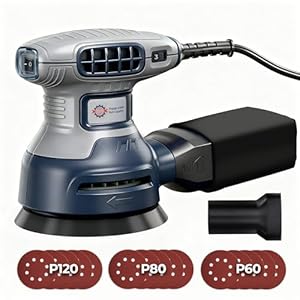 5-Inch Random Orbital Sander, 3Amp Electric Corded Palm Sander with 6 Speeds (6000-13000 OPM), Dustless Dust Bag & Vacuum Adapter, 15 Sandpapers for Woodworking, Furniture Refinishing, Paint Removal