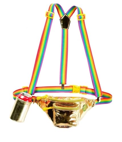 Tipsy Elves Metallic Gold PRIDE Fanny Pack w/Rainbow Suspenders and Drink Holder