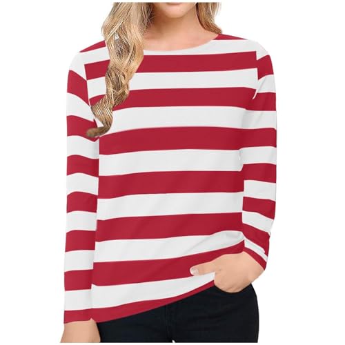 Camisetas a rayas para mujer, cuello redondo, manga larga, casual, elegante, holgada, cómoda, ligera, para otoño, para mujer, camisetas clásicas para el hogar, rojo,, XL