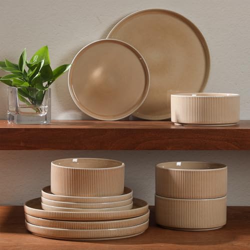 Image of Gibson Elite Solana Coast 12 Piece Stoneware Reactive Glaze (Service for 4) Ceramic Plates and Bowls Modern Shape Embossed Dinnerware Set - Terracotta Orange