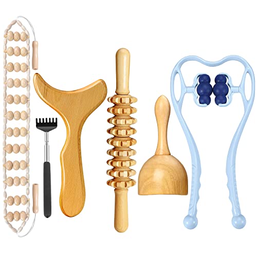 HeiWecan 6 in 1 Wood Therapy Massage Tools, Lymphatic Drainage Massager, Professional Maderoterapia Kit,Body Shaping, Anti-Cellulite, Back, Muscle Pain Relief, Handheld Neck Massager