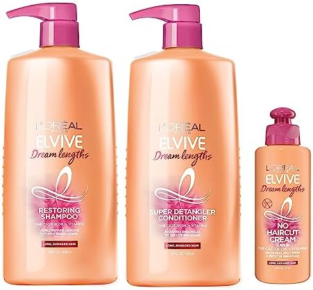 L'Oreal Paris Elvive Dream Lengths Shampoo & Conditioner Kit 28oz + No Haircut Cream Leave-in Conditioner, 6.8 fl. oz.