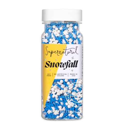 Image of Supernatural Snowfall Sprinkles, Dye-Free, Made By Moms, Snowflake Mix 3oz | Dye free snowflake sprinkles with plant-based colors for cookies, cupcakes, gingerbread, hot chocolate, and winter baking.