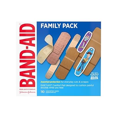 BAND-AID Brand Adhesive Bandage Family Variety Pack in Assorted Sizes Featuring Water Block Flex, Flexible Fabric, Skin-Flex, Tough Strips & Pixar Character Bandages, 110 ct