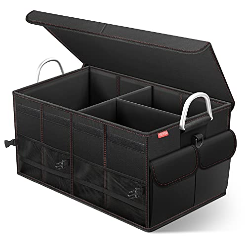 YOOFAN Car Trunk Organizer - Durable SUV Trunk Storage Organizer with Removable Lid, Multiple Compartments, Reinforced Aluminum Handles - Travel Storage Accessories for SUV Van Truck Jeep Vehicle Sedan