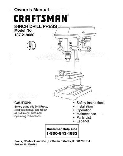 Front cover of the Craftsman 8-Inch Drill Press Model 137.219080 Owner's Manual, showing an illustration of the drill press and key sections covered.