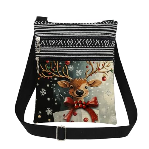 XiaoGalaee Christmas Deer with Gift Box Print Crossbody Bag Adjustable Strap Purse for Holiday Season Reindeer Festive Gift for Women Men Friends Christmas Birthday Present