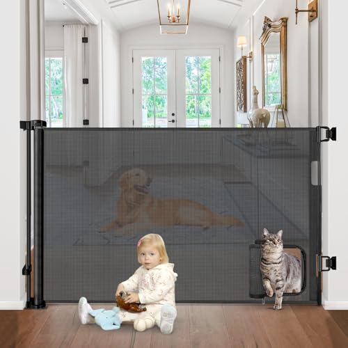 Retractable Baby Gates with Cat Door 80\" Wide Retractable Dog Gate with Pet Door Outdoor Retractable Gate for Dogs Retractable Pet Gate with Door Mesh Baby Gate Retractable Mesh Dog Gate (Black)