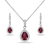 B. BRILLIANT Sterling Silver Halo Dainty Pear Teardrop Necklace & Earrings CZ & Simulated Ruby Jewelry Set for Bridesmaids