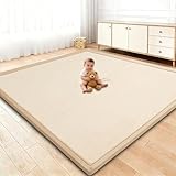 TreeBud Baby Play Mat for Floor, 1.3 Inch Thick Memory Foam Tummy Time Mat with Non Slip Backing, Soft Coral Velvet 59X71 Inch Playpen Mat Crawling Tatami for Infants Toddlers Kids, Beige