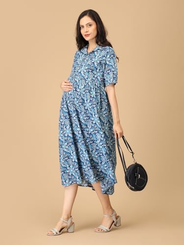 Image of The Mom Store Maternity and Nursing Dress | Pre and Post Pregnancy Dress for Womens | Zipper /Button Opening | Causal Wear | Trendy Stylish Causal Dresses for New Moms