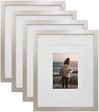 KINLINK 11x14 Picture Frames Silver - Wood Frames with Acrylic Plexiglass for Pictures 5x7/8x10 with Mat or 11x14 without Mat,Tabletop and Wall Mounting Display, Set of 4