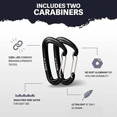 Rallt Wire Gate Carabiners - 12Kn (2697Lb) Snag-Free Heavy Duty Carabiner Clip For Hiking, Hammock & Backpacking - Made With Lightweight, No Rust Aluminum Material- Camping Accessories (Black, 2 Pack) #TOP1