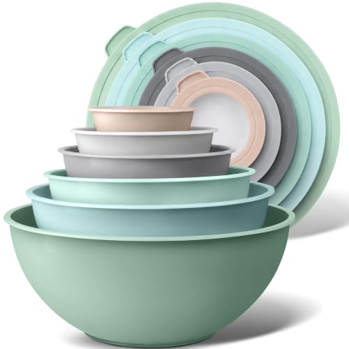 Image of Zulay Kitchen 12 Piece Plastic Nesting Mixing Bowl Set - Colorful Bowls with Lids - Microwave and Freezer Safe (Mint Ombre)