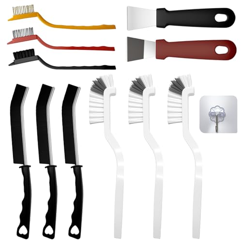 Image of 12Pcs Crevice Cleaning Brush Set, Hard Bristle Small Cleaning Brushes for Household Use with Scraper & Hook, Multi-Purpose Cleaning Tool for Kitchen, Bathroom, Grout, Corners, Tight Spaces