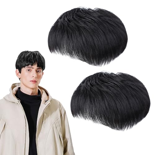 UILYNIU 2 Pieces Mens Hair Piece Black Wig Hair System Mens Hair Piece Wigs for Daily Use Costume Wigs Straight Wig Handsome Men's Daily Costume Fancy Dress Cosplay Halloween(Black)