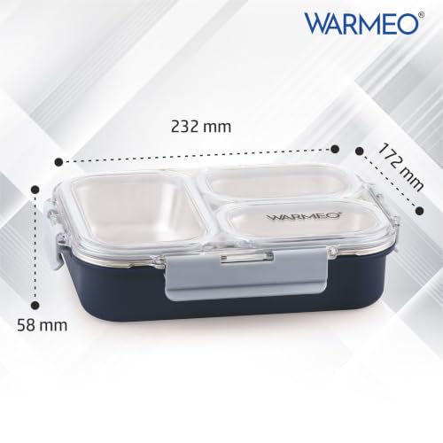 Image of WARMEO BENTO Microwave-Safe Stainless Steel Lunchbox with 3 compartments,bpa Free,Perfect for Office, School, Travelling, 750ml-Blue