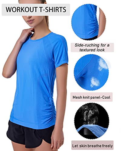Running Girl Seamless Workout Shirts For Women，Short Sleeve T-Shirt Stretch Tees Quick Dry Gym Athletic Tops(2853_Blue_M) #TOP3