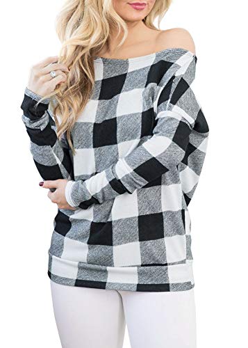 Women Plaid Off The Shoulder Tops Casual Long Sleeve Loose Fit Buffalo Plaid Shirt White Plaid S