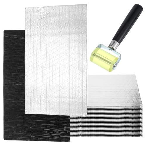 30 Pcs 32.3 Sqft 196 Mil Car Sound Deadening Mat Hood Insulation Pad with Roller, Automotive Deadener Self Adhesive Heat Sound Insulation Material for Cars Hood Ceiling Door, 15.7 x 9.8 inch