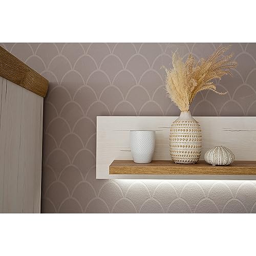 Lomadox Wohnzimmer Wohnwand mit TV Board 154cm breit, Wandregal und Higboard in Pinie weiß mit Eiche Nb., mit LED-Beleuchtung, Landhausstil, Schrankwand, Set B/H/T ca. 275/181/50 cm – Bild 6