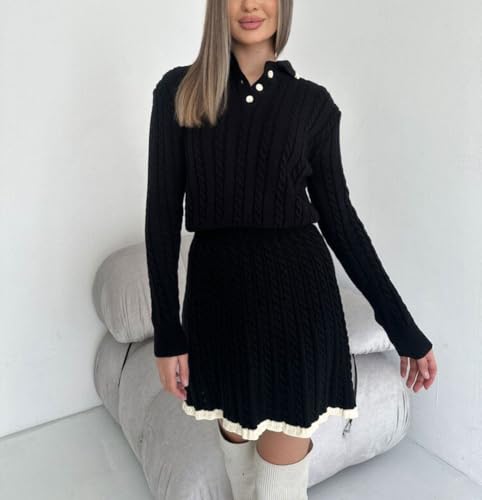 Image of chouyatou Women's Cable Knit 2 Piece Outfits Long Sleeve Polo Sweater and Elastic Waist Pleated Mini Skirt Sets