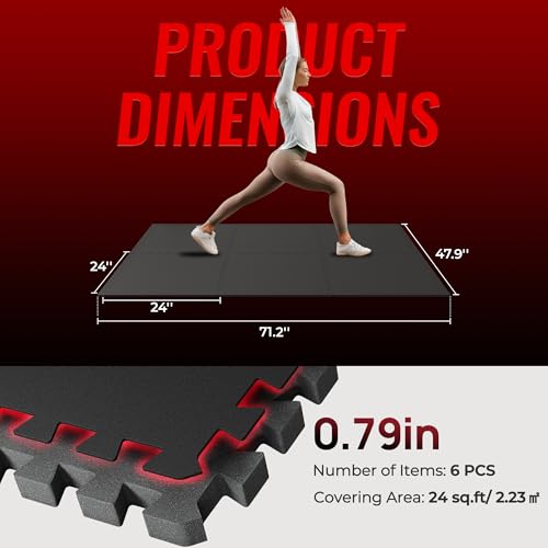 Image of SUPERJARE 0.79'' Extra-Thick Exercise Equipment Mats, 6 Pcs 24 Sq Ft Rubber Top Floor Tiles with High Density EVA Foam, Interlocking Gym Flooring for Home Gym, Protective Workout Mat, Black