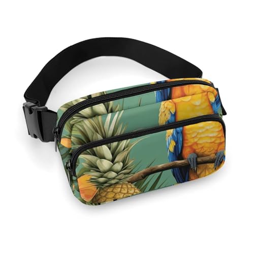 Riñonera de sarga de gran capacidad con estampado de loro, piña, pájaro, un artículo imprescindible para viajes con manos libres, Pájaro piña de loro de verano, 20x13cm