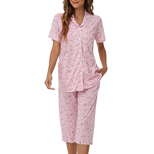 Image of Tugege Capri Pajamas Set Womens Button Down Short Sleeve Lounge Sets Sleepwear Notch Collar Top & Capri 2 Piece PJ Sets