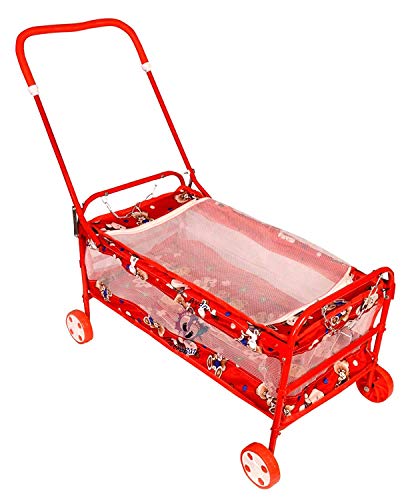 Avani MetroBuzz Baby Cradle Mosquito Net Jhula Palna Stroller Infant & Toddler Beds Born Baby 1-2 Years Babies-Newborn Baby Cotton Baby Sleep Baby Bedding Cradle with Wheels (Red)