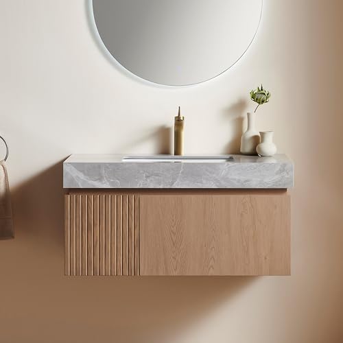 Ambrovina 36" Floating Bathroom Vanity with Sink, Modern Plywood Bathroom Storage Cabinet with Drawer and Door, Light Gray Sintered Stone Countertop and White Ceramic Basin, Pre-Assembled, Light Brown