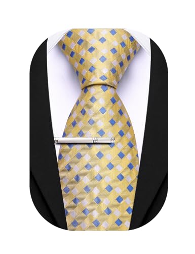 Image of Barry.Wang Plaid Ties Mens Silk Necktie and Tie Clip Checkered Tie for Wedding Party Business Formal