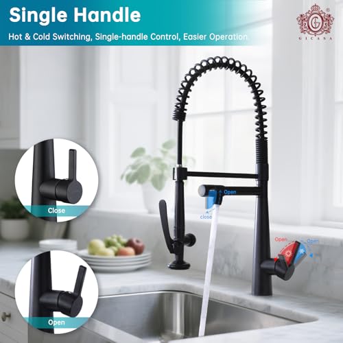 Image of Copper Kitchen Faucet, Solid Brass Matte Black Kitchen Faucet, Heavy Duty Spring Pre-Rinse Single Handle Kitchen Faucets with Pull Down Sprayer and Pot Filler, Commercial Style Sink Faucet