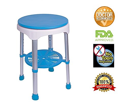 Healthline Round Bath Stool Shower Chair, Compact Shower Stool And Bench - Small Bathtub Stool Chair For Shower, Non-Slip Seat, 360 Degree Rotating Padded Seat, Adjustable Height, White With Blue #TOP1