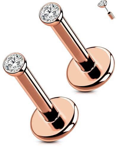 OUFER 2PCS Rose Gold Titanium Flat Back Threadless Stud Earrings, 16G/18G/20G Push Pin Piercing Jewelry – Multiple Post Lengths (5mm–12mm) & CZ Sizes (1.5mm–4mm) for Lobe, Helix, Tragus, Conch, Nose
