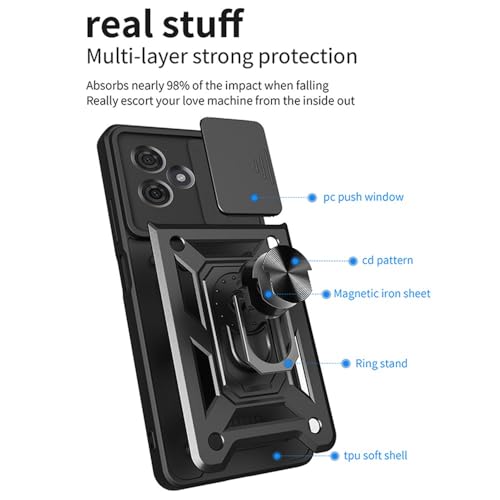 Image of Heavy Duty Back Case Cover for Moto G54 /G64 5G, Shockproof Moto G54 /G64 Back Cover, Ring Case with Kickstand and Camera Protection Shutter - Black