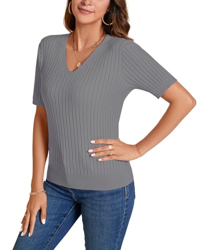Image of Women Summer Knit Shirt Blouse V Neck Short Sleeve Pullover Sweater Tops
