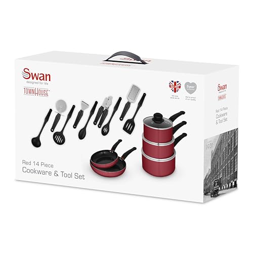 Swan Townhouse 14 Piece Aluminium Cookware and Tool Set with 16/18/20cm Saucepans with Glass Lids and 20/26cm Frying Pans, Red - Image 8