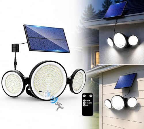 Image of XERGY Solar Powered 3 Head Outdoor Flood Light | 360 Adjustable | Remote Control | 446 LED | Human Body Motion Sensor | 1800mAh | Dusk to Dawn | 5Meter Cable | Waterproof for Home, Garden, Parking