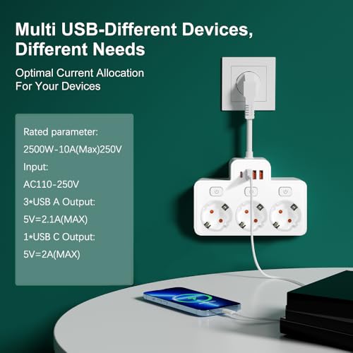 LEHOTPIA Steckdosenleiste mit USB, 3 Fach Mehrfachsteckdose Mit Einzelschalte Mehrfachsteckdose Mit 3 USB & 1 Type-C (5V 2,1A) für Küche Wohnzimmer Schlafzimmer(schwarz) 6