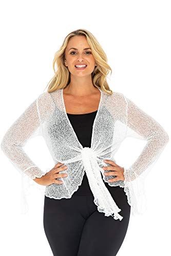 Back From Bali Womens Plus Size Sheer Shrug Bolero Long Sleeves Cropped Cardigan Bell Sleeves 2X 3X 4X Lightweight White #TOP12