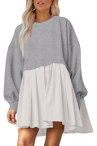 Image of Dokuritu Sweatshirt Dress Women Crew Neck Long Sleeve Patchwork Pullover Tops Flowy Oversized Sweatshirt Mini Dress