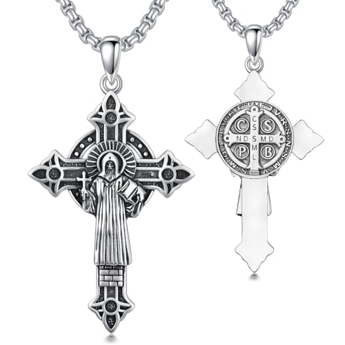 Seiyang Saint Benedict Cross Necklace for Men 925 Sterling Silver St Benedict Pendant Medallion Jewelry San Benito Cross Medal Gift for Son Dad