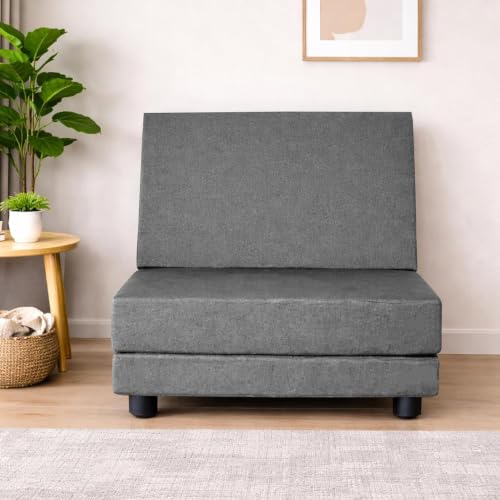 Image of Leg Sofa Cum Bed Single Seater | Foldable Floor Sofa Bed with Jute Fabric | Space Saving Convertible with Sturdy Legs for Living Room & Guest Room - Grey